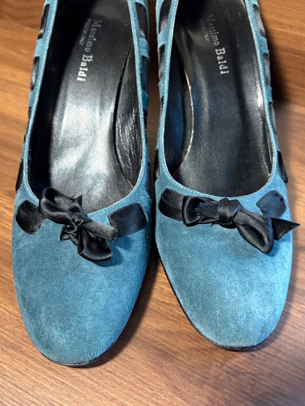 Massimo Baldi Italian-Made Blue Suede Heels Black Ribbon & Bow Women's Size 10 - Picture 9 of 15